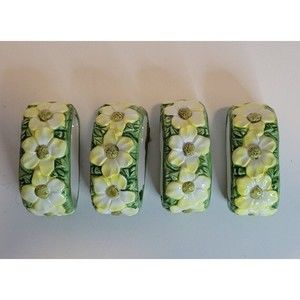 ENESCO Ceramic Napkin Rings Floral Yellow Green 4 Easter Tea Garden Cottage NIB